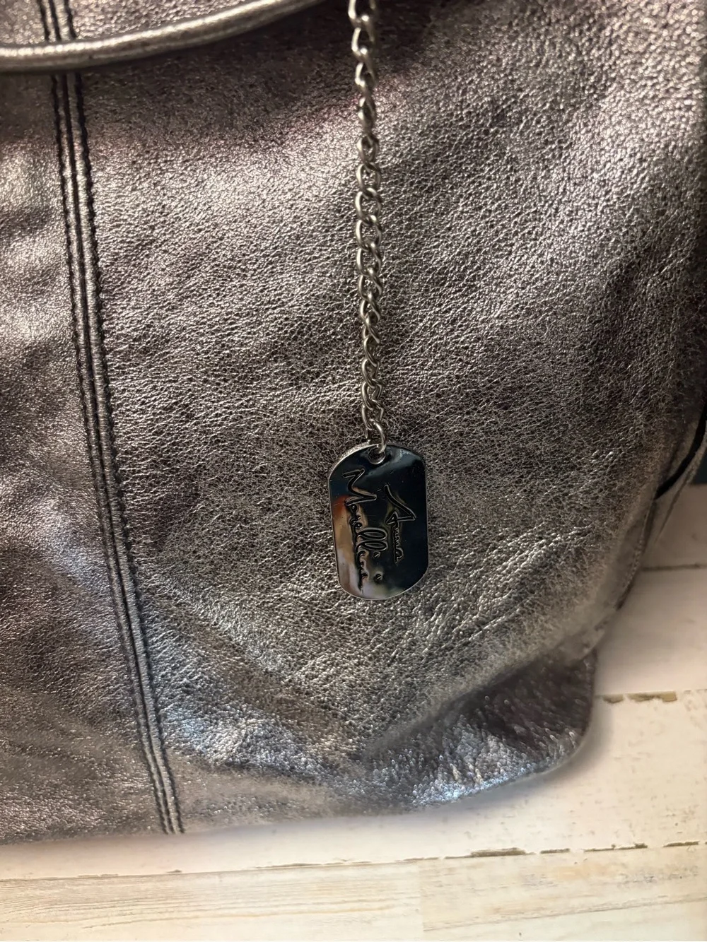 Anna Morelini Metallic Silver Genuine Leather Tote/ Sholder Bag Made in Italy